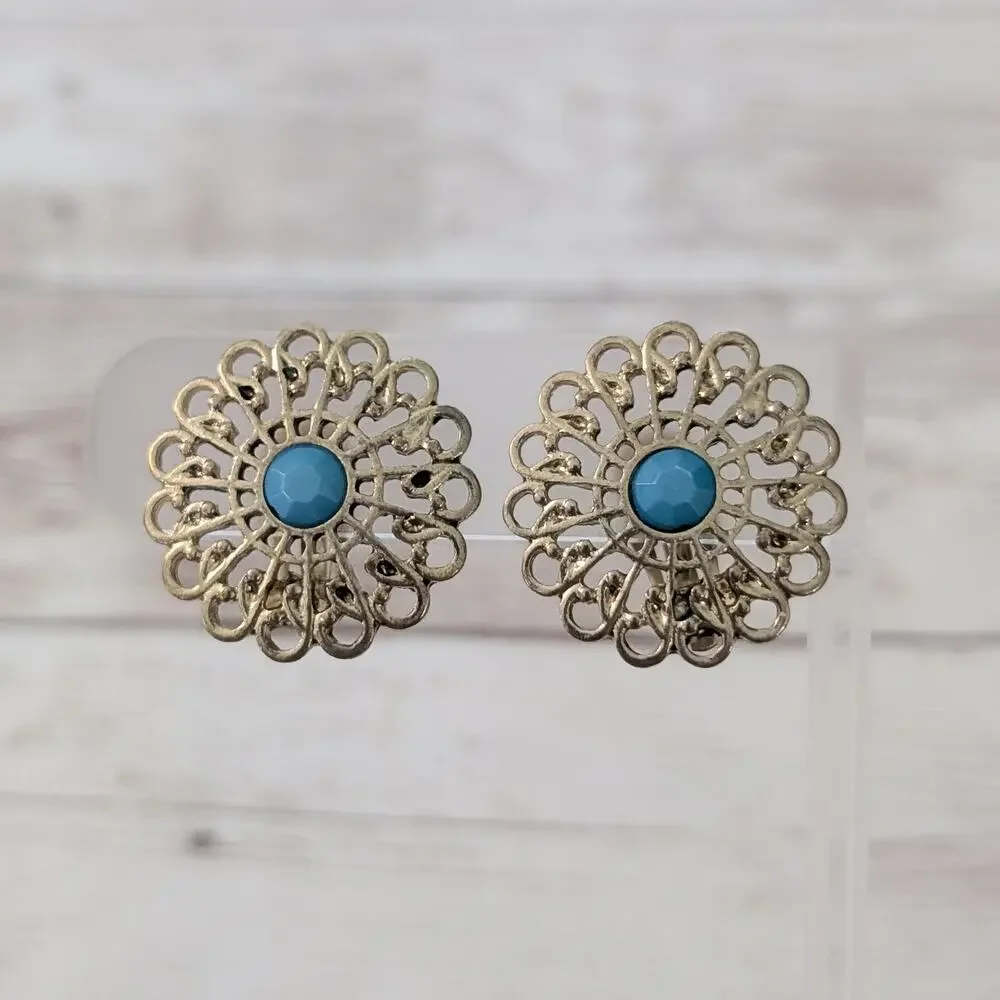 Vintage Clip On Earrings Ornate Gold Tone with Turquoise Tone Center Large